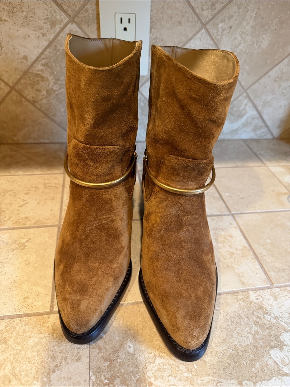 Veronica Beard Chestnut Suede Pointed Ankle Boots with Gold Ring